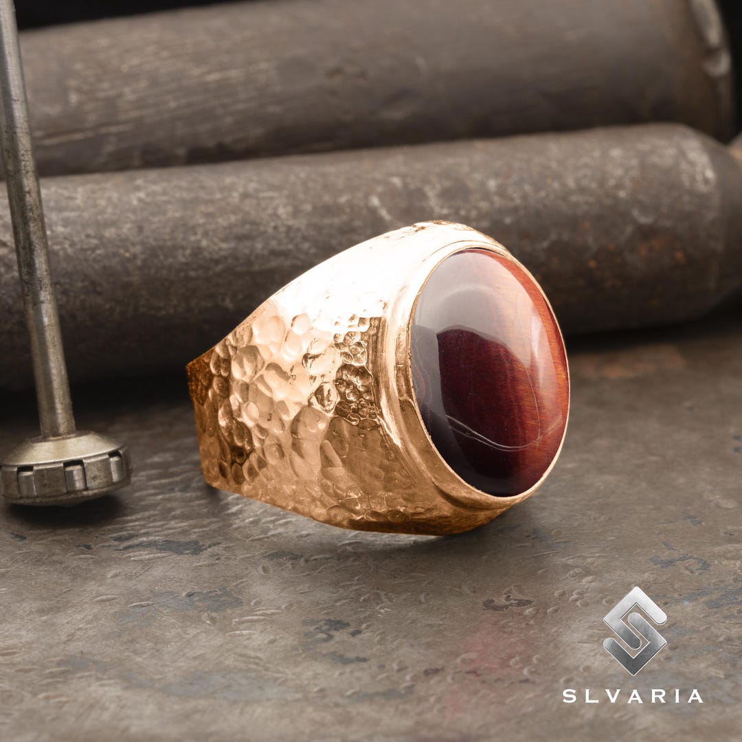 Hammered Men's Natural Red Tiger Eye Gemstone Ring, 18K Rose Gold