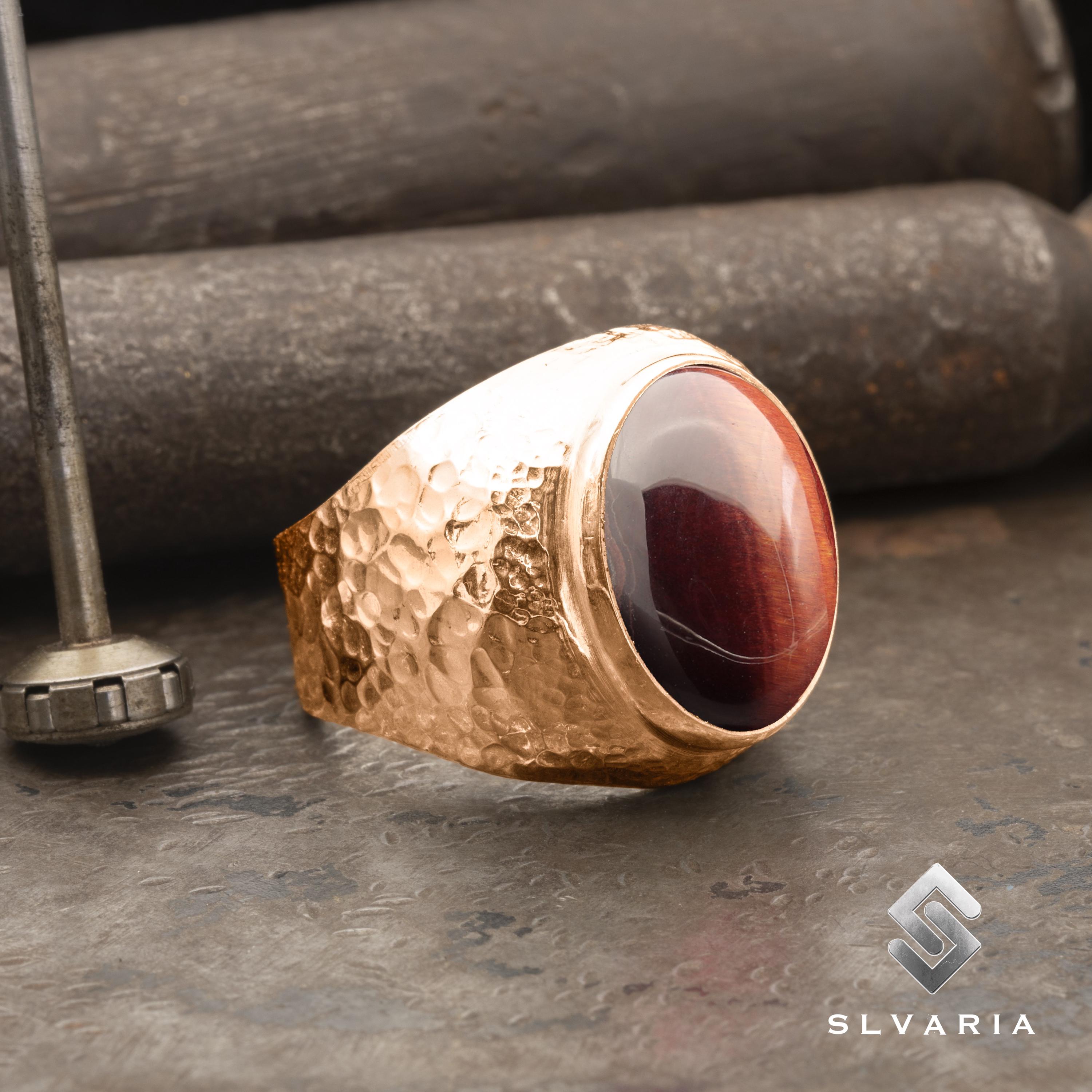 Hammered Men's Natural Red Tiger Eye Gemstone Ring, 18K Rose Gold