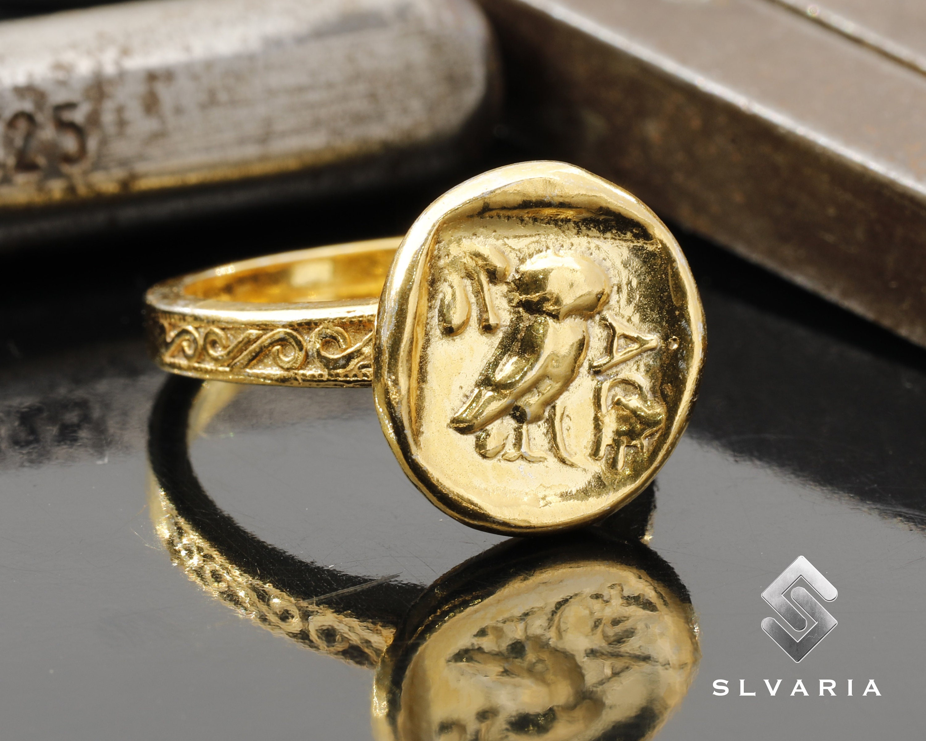 Ancient Greek Coin Owl 24K Gold Vermeil 925 Silver Signet Ring Handmade Unique Dainty Gift Ring Myth