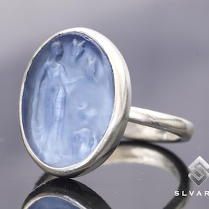 Aphrodite Greek God Ring, Signet Ring, 925 Silver Ring, Blue Glass Intaglio Coin Ring, Ancient Coin Ring, Gift For Her, Minimalist Ring