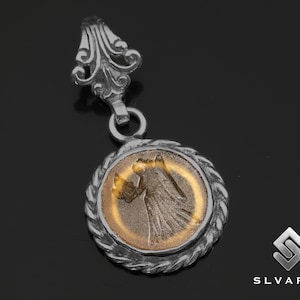 Black Oxidized Angel Greek Coin Pendant, 925 Silver Pendant, Ancient Glass Intaglio Pendant, Mythological Heaven Pendant, Christmas Gift