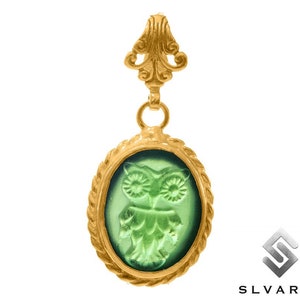 Unique Owl Necklace, 24K Gold Plated 925 Sterling Silver Necklace, Ancient Greek Pendant, Signet Pendant, Glass Intaglio, Women&#39;s Jewelry