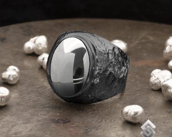 槌目加工のメンズ天然ヘマタイト宝石リング、ブラック酸化925Kシルバー