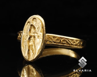 Ancient Roman Coin Angel 24K Gold Vermeil 925 Silver Signet Ring Handmade Unique Dainty Tiny Ring Mythological Fancy Heaven Art Pinky Ring