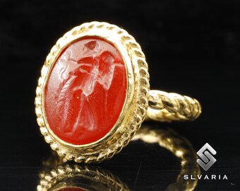 Ancien ange en taille-douce en verre, plaqué or 24 carats, argent 925, pièce de monnaie grecque, chevalière, bague délicate unique, paradis mythologique, bague artistique design