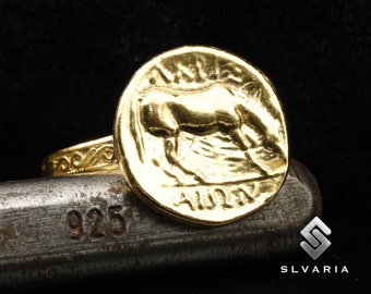 Roman Greek Coin Horse 24K Gold Vermeil 925 Silver Signed Ring Handmade Unique Dainty Gift Ring Mythological Fancy Animal Art Pinky Ring