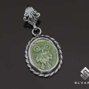 Green Owl Pendant, Black Oxidized 925 Sterling Silver Necklace, Ancient Greek Pendant, Signet Pendant, Glass Intaglio,Cameo Pendant Jewelery