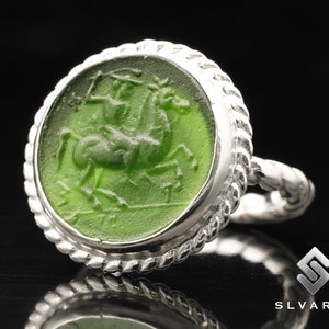 Soldado romano e cavalo moeda grega sinete 925 anel de prata antigo romano vidro intaglio jóias design de arte mitológica anel feminino anel masculino