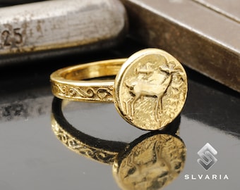Antigua moneda griega ciervo 24K oro Vermeil 925 anillo de sello de plata hecho a mano único delicado anillo de regalo mitológico fantasía animal arte meñique anillo