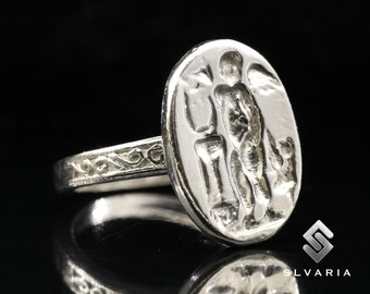 Pièce de monnaie grecque antique en argent 925, chevalière ange cupidon fait main, bague délicate unique anti-ternissement, cadeau mythologique, bague artistique design fantaisie