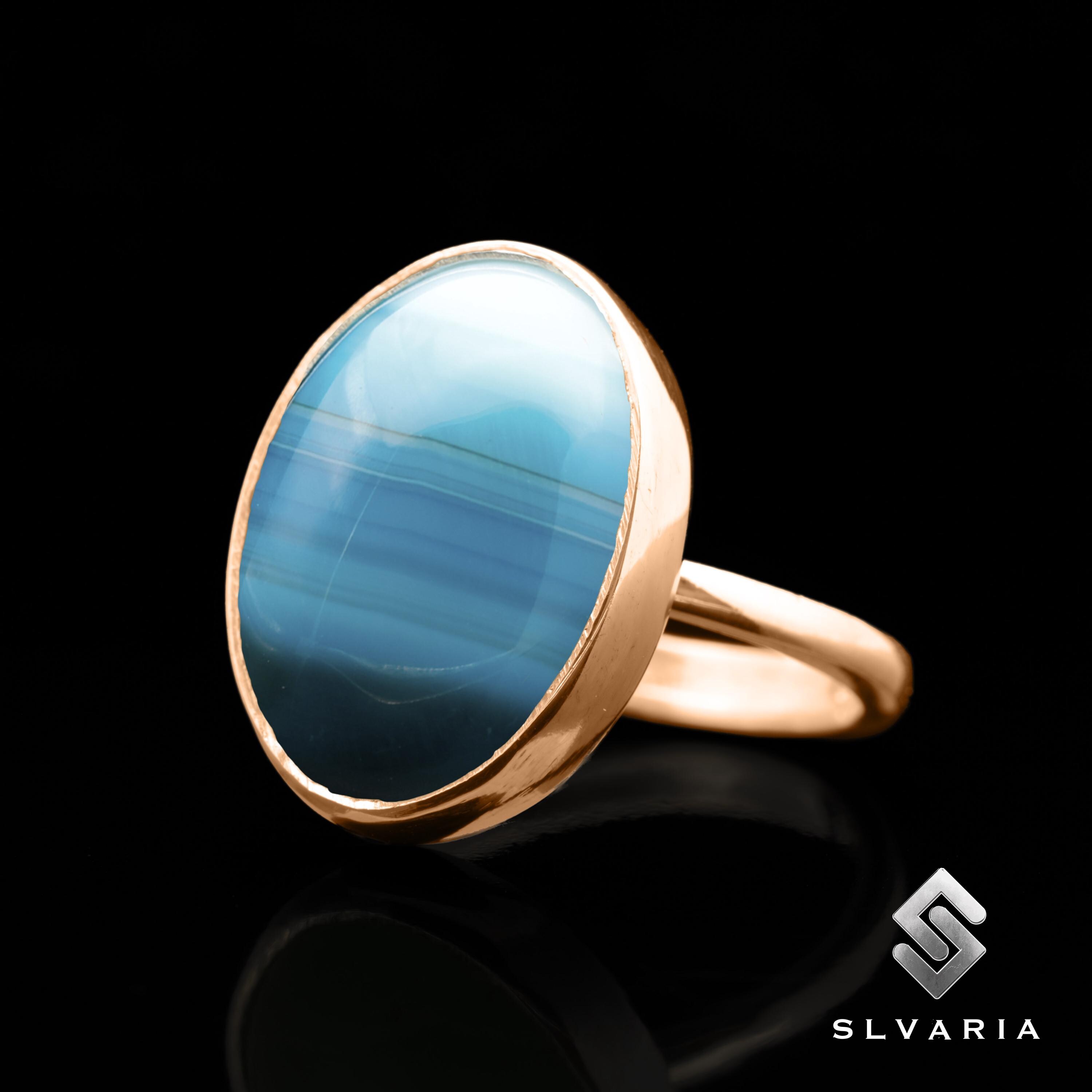 Natural Blue Agate Gemstone Ring, 24K Gold Plated Ring 925