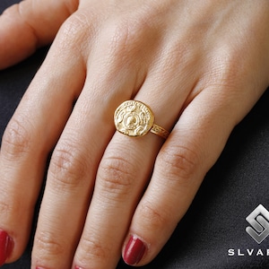 Ancient Roman Coin Sheild 24K Gold Vermeil 925 Silver Signet Ring Handmade Unique Dainty Ring Mythological Fancy Warrior Art Pinky Ring