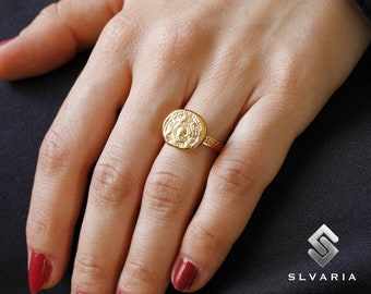 Ancient Roman Coin Sheild 24K Gold Vermeil 925 Silver Signet Ring Handmade Unique Dainty Ring Mythological Fancy Warrior Art Pinky Ring