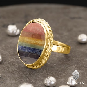 Natural 7 Chakras Ring, Seven Chakra Ring, 24K Gold Plated 925 Sterling Silver Ring, Healing Stone Ring, Stacking Ring, Solitaire Ring
