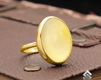 Natürlicher Gelber Achat Edelsteinring, 24K Vergoldet 925 Silber Oval Solitärring, Damenring, Perfektes Geschenk für Sie, Gelber Jade Ring