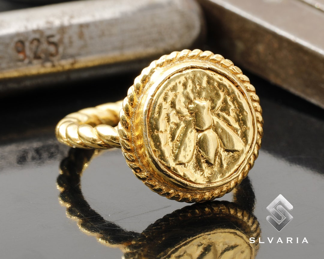Honey Bee Ancient Coin Greek Signet 24K Gold Plated 925 Silver Ring ...