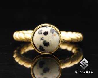 Two Tone Natural Dalmatian Jasper 25K Gold Plated 925 Sterling Silver Ring Birthday Gift, Fashion Jewelry Braided Ring Best Friend's Gift
