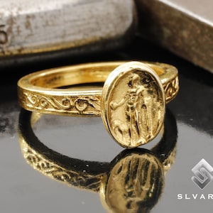 Ancient Coin Roman Standing Man 24K Gold Vermeil 925 Silver Signet Ring Handmade Unique Dainty Tiny Ring Mythological Fancy Art Pinky Ring