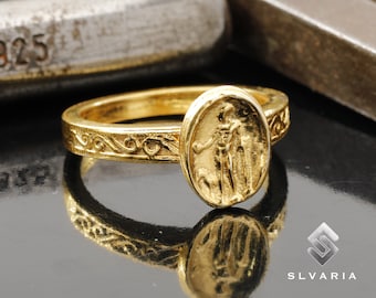 Oude munt Romeinse staande man 24K goud Vermeil 925 zilveren Signet ring handgemaakte unieke sierlijke kleine ring mythologische fancy kunst Pinky ring