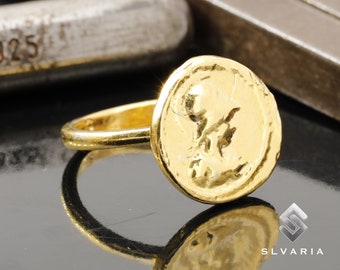 Anillo único chapado en oro de 24 quilates, Moneda de soldados griegos de Atenea, Anillo de sello romano antiguo de plata 925, Anillo de regalo mitológico, Anillo de diseño de guerrero