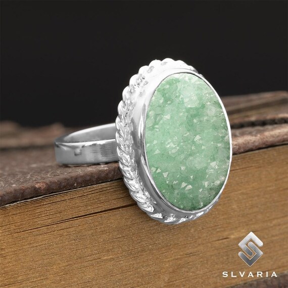 Natural Green Druzy Agate Gemstone Ring, 925 Sterling Silver Ring