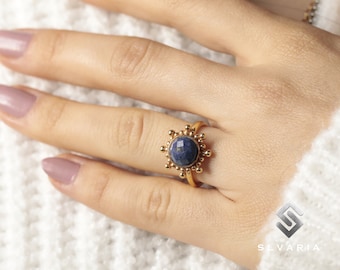 Natural Faceted Lapis Lazuli Crystal Sun Handmade 24K Gold Plated 925 Sterling Silver Round Gemstone Sagittarius Ring Women Ring Power Stone