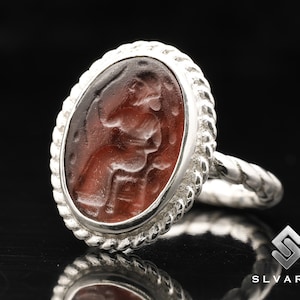 925 Silver Ancient Greek Coin Glass Intaglio Apollo Signet Rope Twist Ring Handmade Turkish Fine Jewelery Unique Dainty Design Art Ring