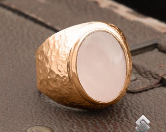 18K Rose Gold Plated Hammered Men's Natural Rose Quartz Gemstone Ring, 925K Silver Handmade Unisex Ring, Healing Ring for Mens Unique Gift