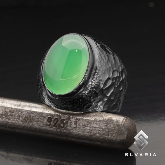 925 Silver Ring Natural Green Jade Gemstone Ring, Black Oxidized Handmade  Unisex Ring, Healing Hammered Men's Ring for Mens Women's Gift