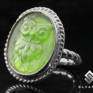 Antique Owl Silver Ring, Black Oxidized 925 Sterling Silver Ring, Green Glass Intaglio Ring, Animal Art Desing Ring, Fashion Bohemian Ring