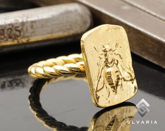 24K Gold Plated Ancient Honey Bee Silver Signet Greek Coin Ring Handmade 925 Sterling Silver Unique  Minimalist Gift Dainty Art Animal Ring