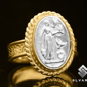 Aphrodite Roman Art Ring, 24K Gold Plated & Rhodium Plated Ring ,Men&#39;s Ring, Ancient Greek God Ring, 925 Silver Ring, Signet Coin Ring