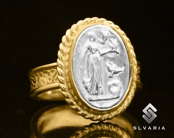 Aphrodite-ring Romeinse kunst, 24-karaats vergulde en gerhodineerde ring, herenring, ring oude Griekse god, 925 zilveren ring, zegelring