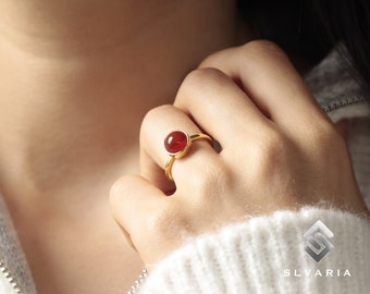 24K Gold Plated Natural Carnelian Crystal Handmade 925 Sterling Silver Round Gemstone Virgo Ring Women&#39;s Design Wedding Gift Ring Joy Stone