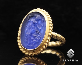 Oude zegelring Aphrodite, ring Venus, 24-karaats vergulde 925 sterlingzilveren ring, ring van Venetiaans glas, ring Griekse godin, Romeinse zegelring