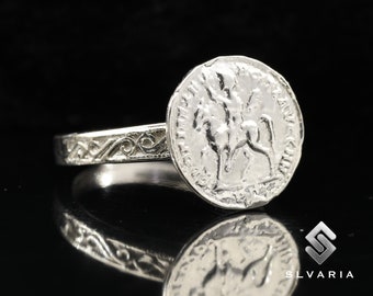 925 Silver Ancient Roman Coin Horse Riding Signed Ring Handmade Anti-Tarnish Unique Dainty Ring Mythological Gift Fancy Art Design Ring