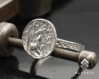 Anillo de plata 925 con sello de ciervo y moneda romana antigua, hecho a mano, antideslustre, único, delicado, regalo mitológico, anillo de diseño de arte animal elegante