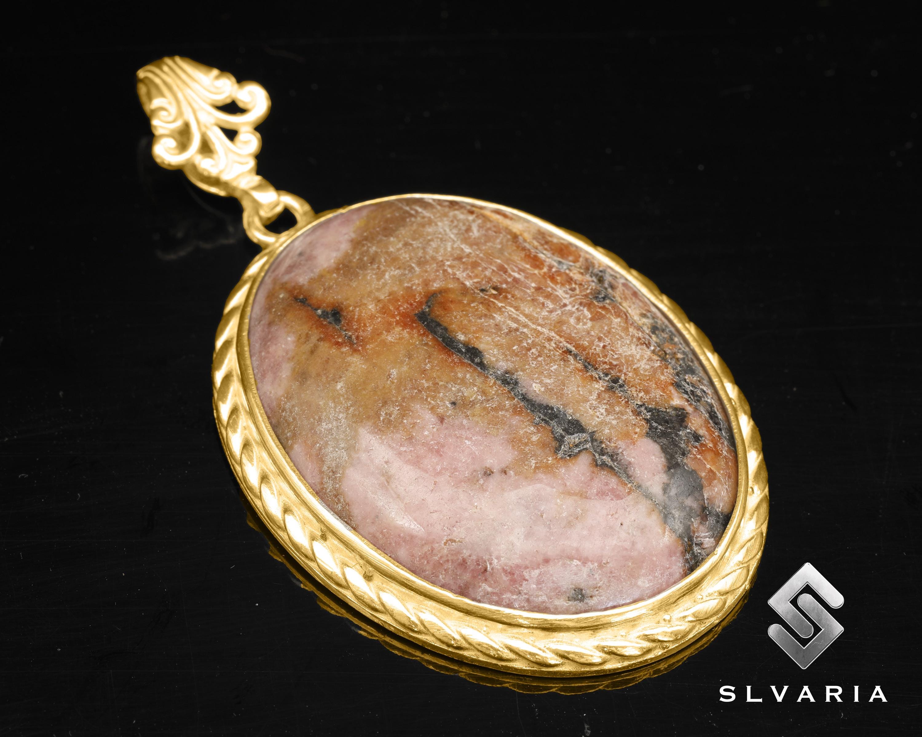 Natural Rhodonite Pendant, 24K Gold Vermeil Necklace, 925 Sterling ...