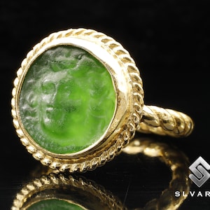24K Gold Plated 925 Silver Medusa Greek Coin Signet Ring Ancient Roman Glass Intaglio Minimalist Roman Art Mythological Art Design Ring