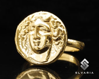 Medusa 24K verguld 925 zilveren oude Griekse Signet zilveren munt ring handgemaakte unieke sierlijke mythologische gift oude vrouwen GiftRing
