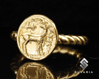 Moneda de plata de ciervo 24K chapado en oro 925 plata antiguo anillo de sello griego hecho a mano regalo minimalista elegante animal arte anillo regalo de cumpleaños