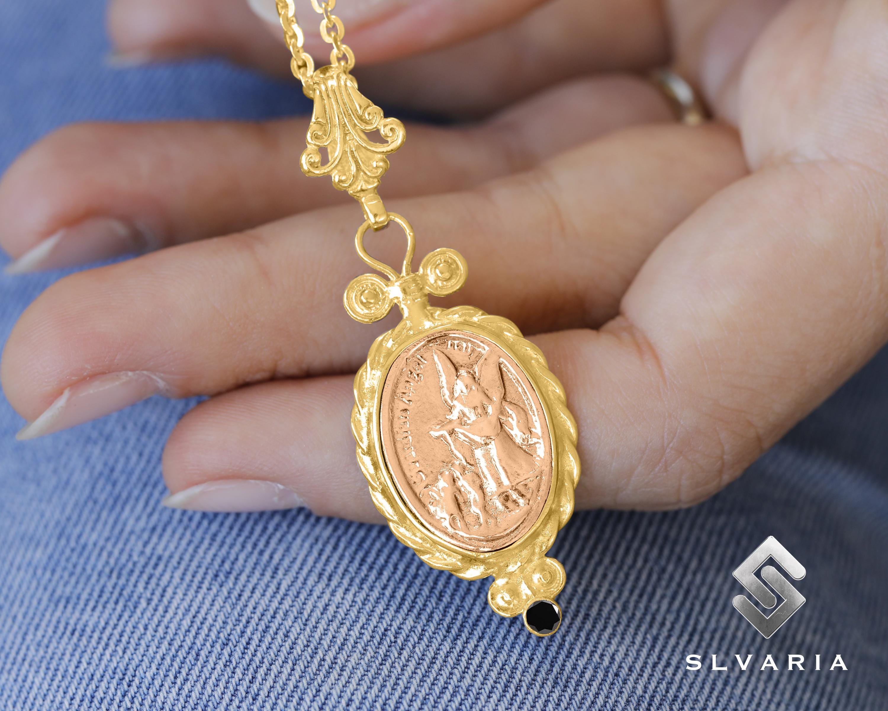 24Kゴールド&18Kローズゴールドメッキシルバーネックレス、聖ミカエル守護天使ペンダント、カトリック聖メダルネックレス、女性へのクリスマスプレゼント
