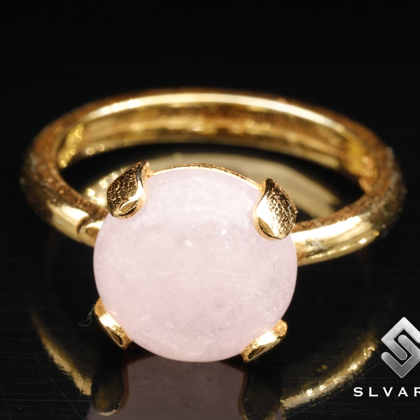 Natural Rose Quartz Crystal Handmade 24K Gold Plated 925Sterling Silver Round Gemstone Ring Taurus Women Dainty Solitaire Ring Healing Stone
