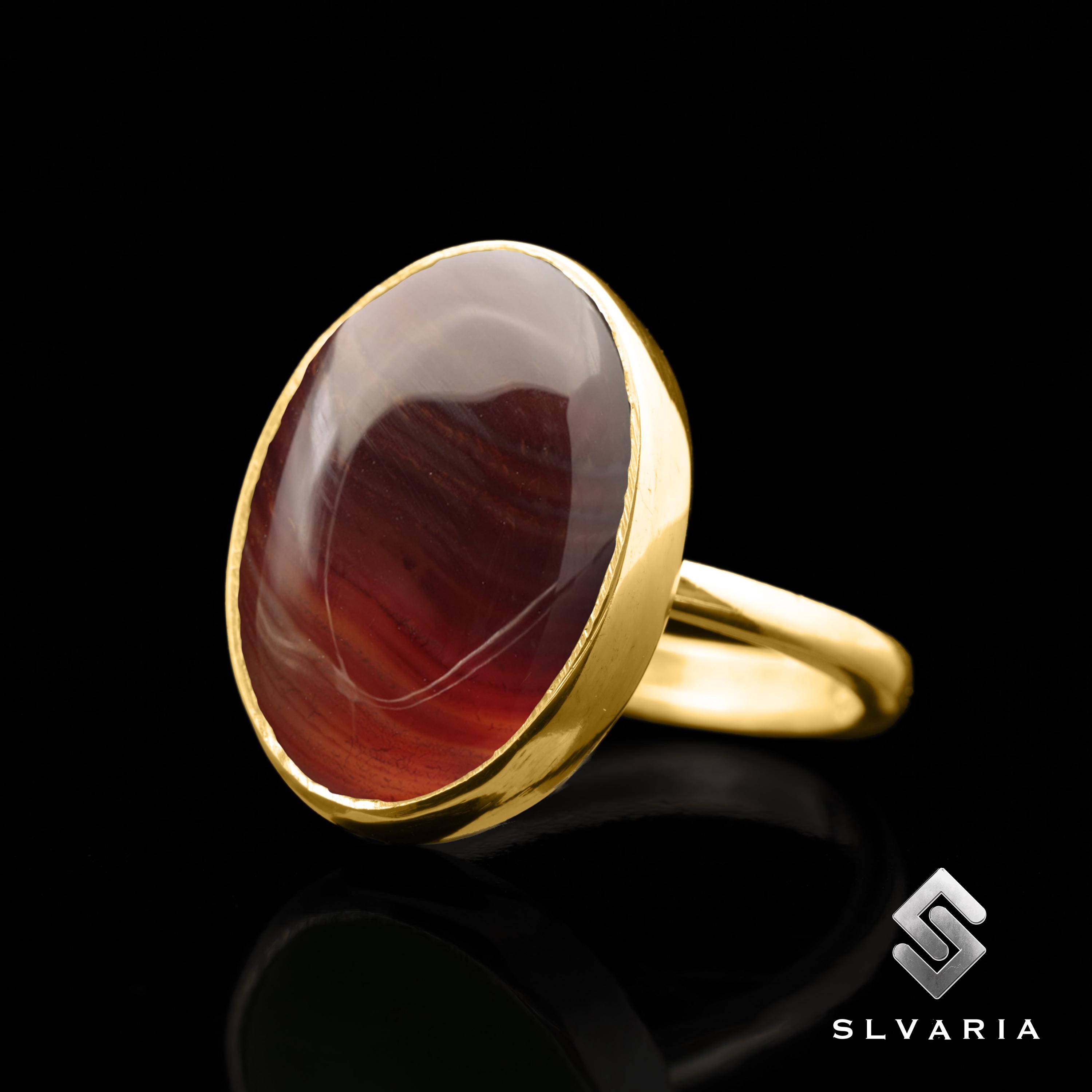 Natural Red Fire Striped Agate Gemstone Ring, 24K Gold Plated 925 Silver Ring, Gifts for Girlfriend, Statement Rings, Healing Stone Ring