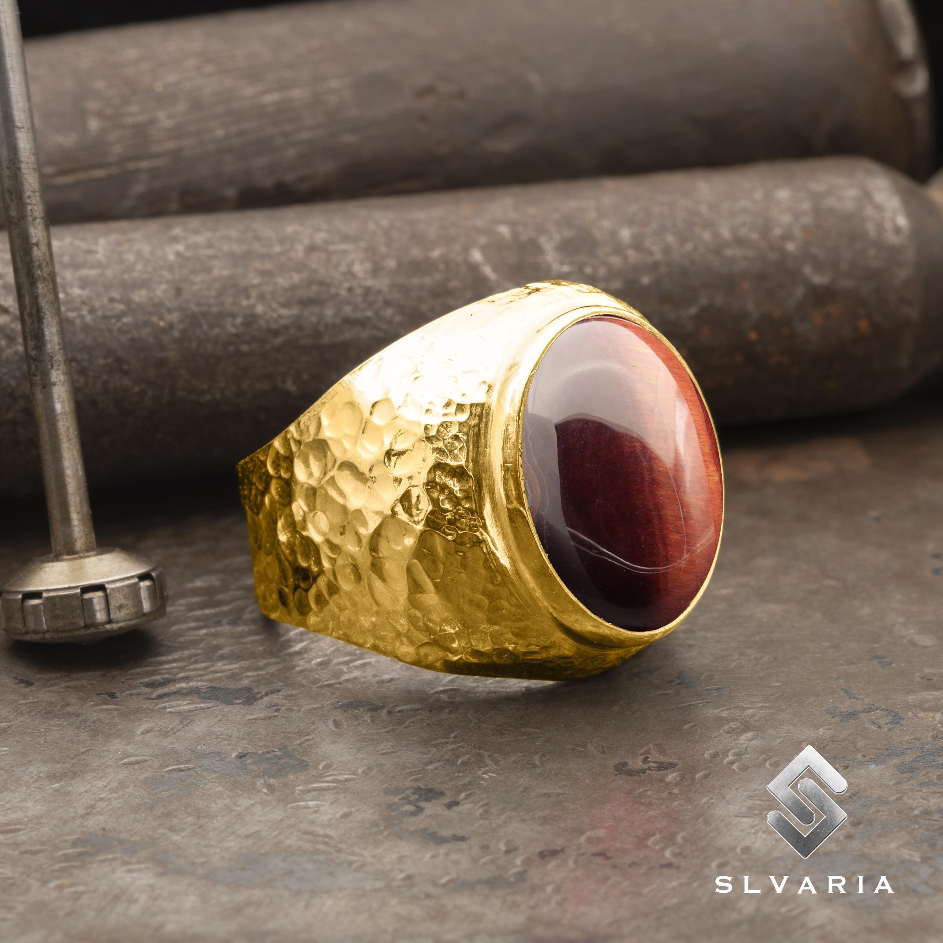 Hammered Men's Natural Red Tiger Eye Gemstone Ring, 18K Rose Gold