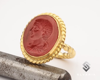 Young Ceaser Roman Signet Intaglio Ring, 24K Gold Plated 925 Sterling Silver Ring, Ancient Greek Coin Ring, Minimalist Ring, Gift For Her