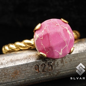 Natural Pink Imperial Jasper Crystal Rope Twist Ring 24K Gold Vermeil 925 Sterling Silver Round Gemstone Ring Fashion Solitaire Calming Ring