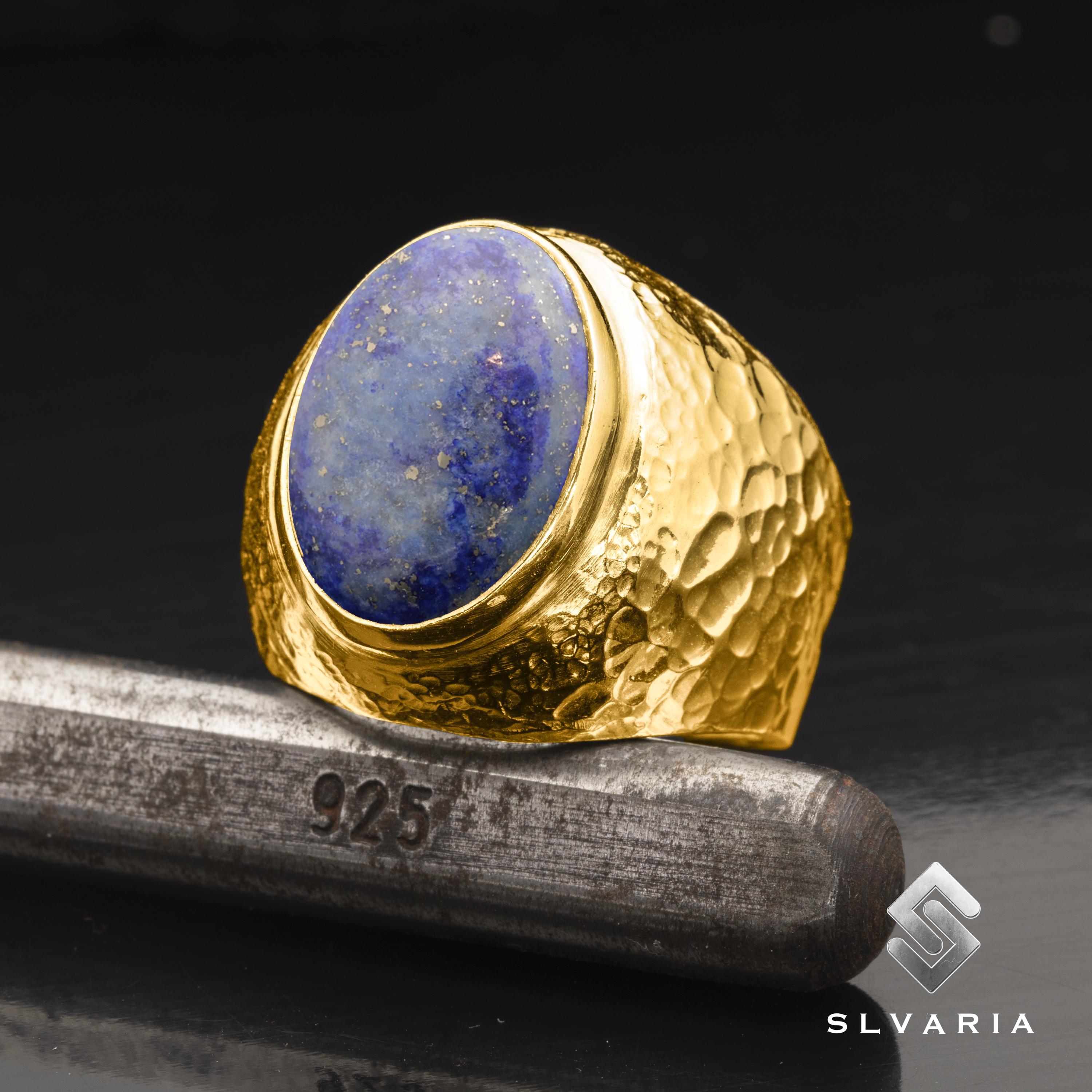 Hammered Men's Natural Lapis Lazuli Gemstone Ring, 24K Gold Plated 925K