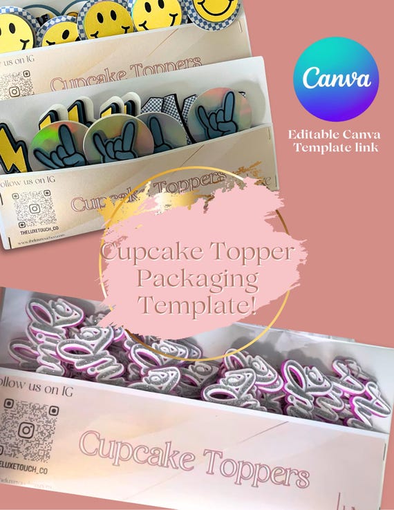 Custom Cupcake Topper Packaging Template Digital Download Canva Editable