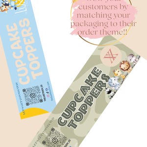 May include: Two different designs for cupcake toppers with a jungle animal theme. The toppers are printed on a white background with a green and brown camouflage pattern. The text "Cupcake Toppers" is printed in black on both designs. The text "Let's Get Connected!" is printed on both designs. The text "The Luxe Touch Co" is printed on both designs. The text "theluxetouchco.com" is printed on both designs. The text "Wow your customers by matching your packaging to their order theme!!" is printed on a pink circle with a gold outline.